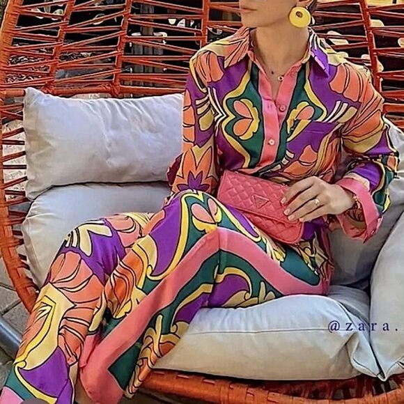 SALE 🔥 ZARA Shirt & Pants Set Geometric Print 2 Piece Matching Pant & Top - Picture 4 of 16